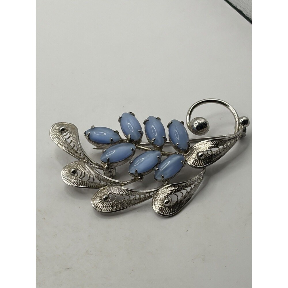 Vintage Sterling Silver blue stone cats eye Brooch Pin 925
